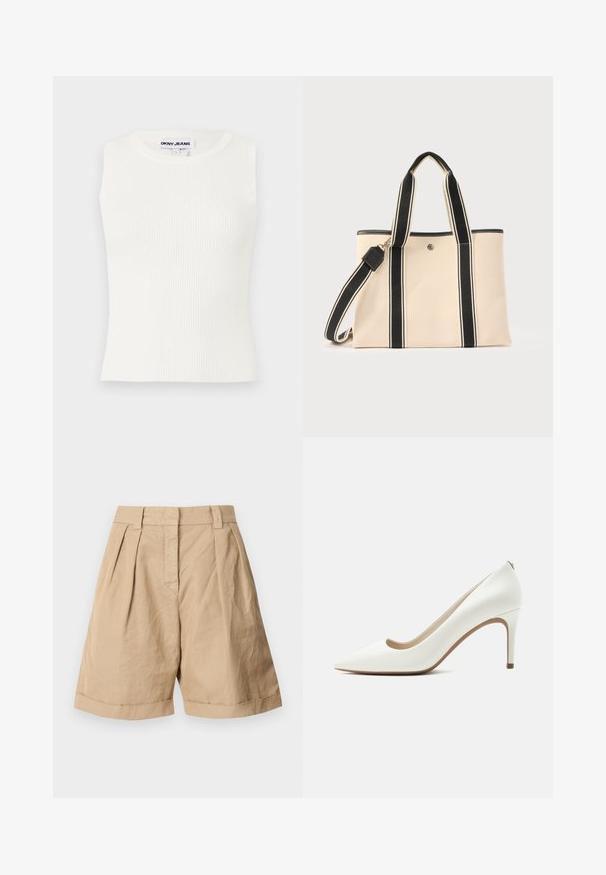 Débardeur blanc à côtes sans manches avec un col rond, fabriqué en tissu extensible. Présente une étiquette marquée "DKNY JEANS" au niveau du col.; Shorts en lin beige avec une taille haute, deux plis à l'avant et des ourlets roulés. Texture lisse avec un design ajusté.; Escarpin blanc en cuir à bout pointu avec talon aiguilles fin et haut, finition lisse, vu de profil sur fond clair uni.; Sac fourre-tout en toile beige avec des anses rayées noires et blanches et une bandoulière amovible, arborant un petit logo rond en métal sur le devant.