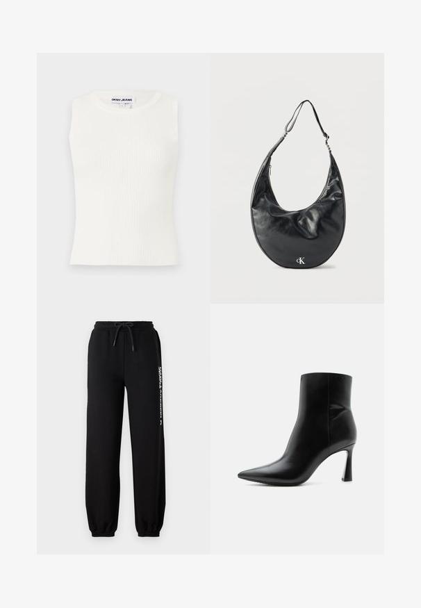Hvid ærmeløs ribbet top med en rund halsudskæring, lavet af strækbart stof. Har et label med teksten "DKNY JEANS" ved kraven.; Sorte sweatpants med elastisk talje, justerbar snor og tætsiddende manchetter. Har et hvidt logo trykt på venstre side.; Sort læderankelstøvle med spids tå og slank, høj stilet hæl, vist i sideprofil på hvid baggrund.; Sort læder skuldertaske i halvmåneform med justerbar rem og sølvfarvet "cK"-logo foran, mod hvid baggrund.