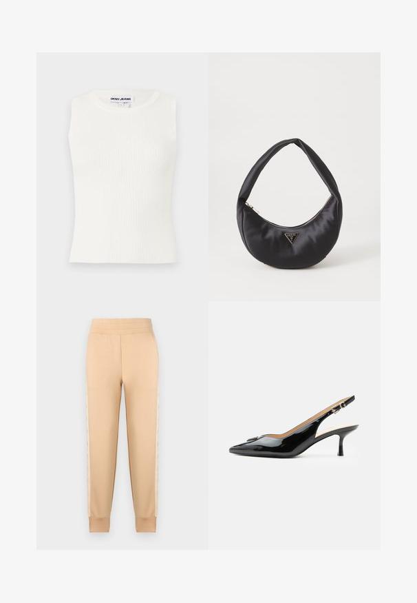 Hvid ærmeløs ribbet top med en rund halsudskæring, lavet af strækbart stof. Har et label med teksten "DKNY JEANS" ved kraven.; Beige sweatpants med en glat tekstur, der har et tapered design, elastisk talje og mønstrede sidelommer.; Sort patentlæder slingback hæl med spids tå, lille kitten hæl og sølvspænde på en ensartet hvid baggrund.; Sort satin håndtaske med en buet form, der har en lynlåslukning og et trekantet logo i metal på forsiden. Glat tekstur og slankt design.