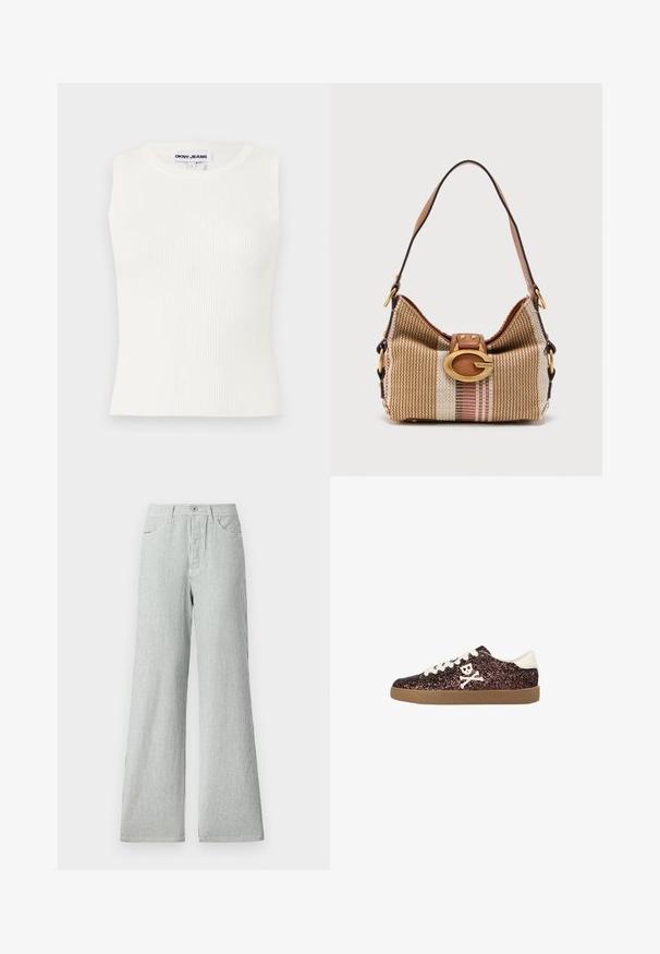 Hvid ærmeløs ribbet top med en rund halsudskæring, lavet af strækbart stof. Har et label med teksten "DKNY JEANS" ved kraven.; Stribede bukser med vidde lavet af letvægtsstof, prydet med lodrette blå og hvide striber, højt liv og frontlommer.; Lavtsiddende sneaker med brun glitrende overdel, hvide snørebånd, hvid hælkappe, gummisål og hvidt "BY"-logo med krydsede knogler på siden.; Brun og beige stribet vævet skuldertaske med læderrem og guldfarvet Guess-logo spænde foran.