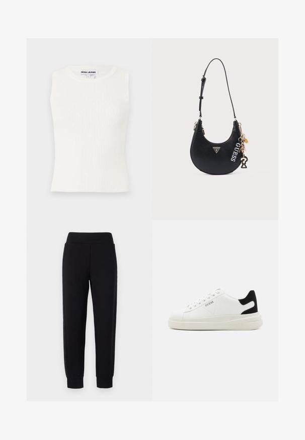 Top blanco sin mangas de tejido acanalado con escote redondo, hecho de tela elástica. Presenta una etiqueta que dice "DKNY JEANS" en el cuello.; Pantalones deportivos negros con piernas ajustadas, que cuentan con una amplia cinturilla elástica y paneles laterales texturizados. Hechos de un material suave y elástico.; Zapatillas blancas de cuero con una suela blanca gruesa, acento en el talón de ante negro y logo grabado en el lateral. Diseño de cordones con seis ojales.; Bolso de hombro de cuero negro con forma semicircular, que cuenta con un logo, herrajes dorados y detalles decorativos de llavero.