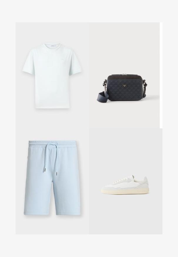 T-shirt blanc uni à manches courtes avec col rond, orné d'un logo discret sur la poitrine et d'une étiquette de marque visible à l'intérieur du col.; Shorts bleu clair longueur genou avec taille élastique et cordon, avec un texte embossé discret près de l’ourlet inférieur sur la jambe gauche.; Baskets blanches avec dessus en daim et cuir texturé. Caractérisées par un bout arrondi, une fermeture à lacets et une semelle en caoutchouc beige contrastante.; Sac bandoulière rectangulaire bleu foncé avec sangle réglable, fermeture éclair et motif subtil du logo sur le panneau avant.