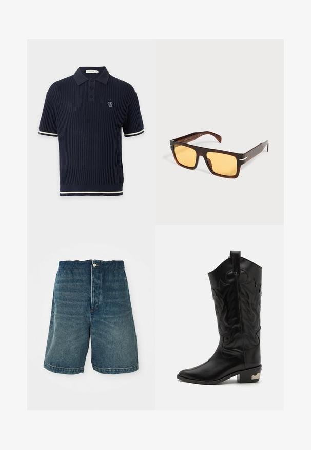 Marineblauwe geribde korte mouwen polo met drie knopen, witte bies op mouwen en zoom en klein wit geborduurd logo op de borst.; Donkerblauwe denimshorts met een losse pasvorm, voorzien van een knoopsluiting en zichtbare stiksels langs de zoom en de zakken.; Zwarte leren cowboylaars met ingewikkelde geëmbosseerde ontwerpen, spitse neus en een lage gestapelde hak met metalen accenten.; Rechthoekige zonnebril met schildpaddessin, brede monturen en geel getinte glazen op een witte achtergrond.