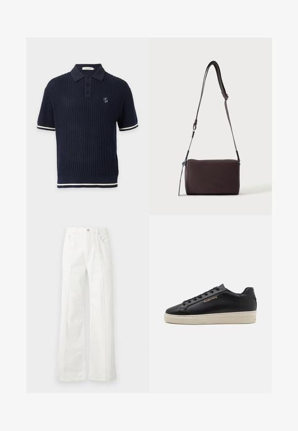 Polo côtelé bleu marine à manches courtes avec trois boutons, bordure blanche aux manches et à l'ourlet, et petit logo blanc brodé sur la poitrine.; Pantalon blanc taille haute à jambes larges avec coutures devant, passants de ceinture, fermeture par bouton et poches latérales sur fond uni.; Sneaker en cuir noir avec une finition lisse, semelle crème contrastante, bout arrondi, logo doré sur le côté et six œillets pour les lacets.; Sac bandoulière en cuir marron foncé texturé avec une sangle réglable et un petit accent décoratif bleu sur le côté.