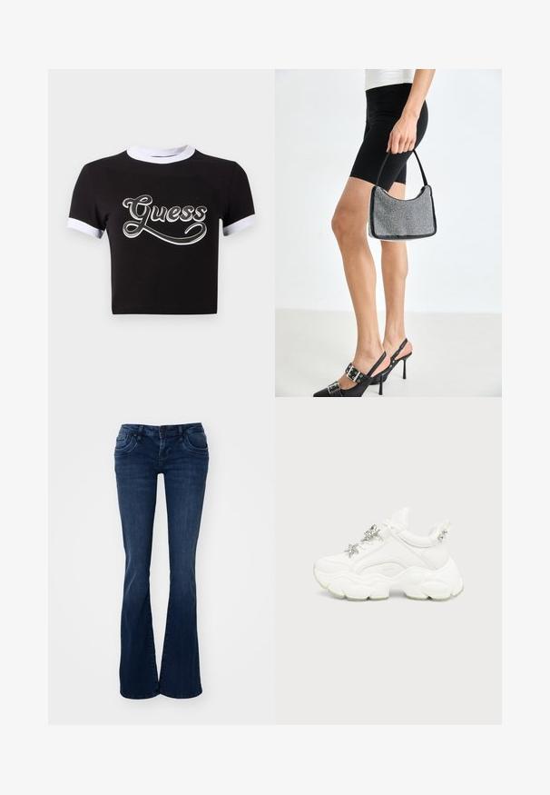 Zwart crop top van katoen met witte accenten op de kraag en mouwen. Heeft een groot wit "Guess" logo op de voorkant.; Donkerblauwe uitlopende jeans van denim, met voorzakken, een knoopsluiting en een zachte textuur.; Witte chunky sneaker met dikke, getextureerde zool, zilveren ster en vlinderdecoraties op witte veters, en zilveren studs op de hieltab.; Zwarte beaded handtas met een gebogen silhouet, draaghandvat en glanzende textuur. Draagt bij hoge zwarte hakken en strakke zwarte shorts.