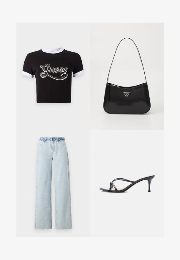 Sort crop top lavet af bomuld med hvide detaljer på krave og ærmer. Har et stort hvidt "Guess" logo på forsiden.; Lysblå vid jeans med en falmet vask, med en kontrasterende blå denimlivrem og en traditionel fem-lomme design.; Sort laklædersandal med hæl, tynde krydsede remme og en slank mellemhøj stilethæl på en hvid baggrund.; Sort patenteret læder skuldertaske med en buet form, prydet med et sølvfarvet trekantet logo og en lynlås-lukning. Glat tekstur og slank rem.