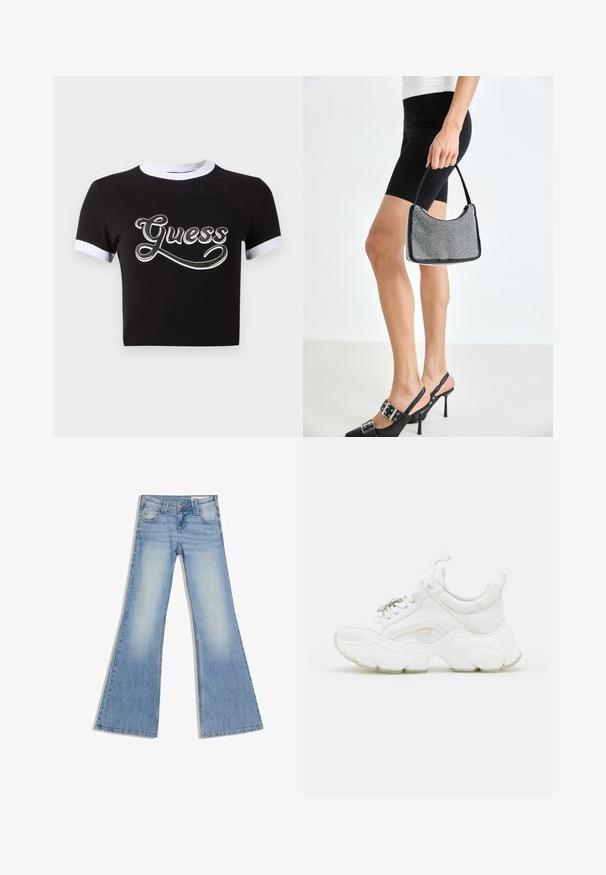 Sort crop top lavet af bomuld med hvide detaljer på krave og ærmer. Har et stort hvidt "Guess" logo på forsiden.; Lyseblå cowboybukser med høj talje, forlommer og vide, udvidede ben, lagt fladt på en hvid baggrund.; Hvide chunky sneakers lavet af læder og mesh-materialer, med en tyk sål, rund tå og dekorative snørebånd. Let teksturerede detaljer.; Sort perlehandtaske med en buet silhuet, bærehåndtag og blank overflade. Båret med højhælede sorte sko og tætsiddende sorte shorts.
