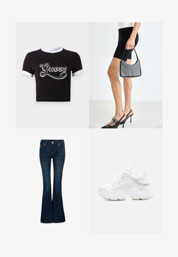 Schwarzes Crop-Top aus Baumwolle mit weißen Akzenten am Kragen und an den Ärmeln. Auf der Vorderseite befindet sich ein großes weißes "Guess"-Logo.; True Religion Flared Jeans - indigo upgrade; Weißer klobiger Sneaker mit dicker Sohle, Schnürsenkeln vorne und Kettendetail mit hängenden Perlen an der Ferse.; Schwarze Perlen-Handtasche mit geschwungener Silhouette, Tragegriff und glänzender Textur. Kombiniert mit schwarzen High Heels und enganliegenden schwarzen Shorts.