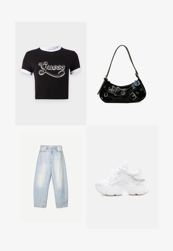 Sort crop top lavet af bomuld med hvide detaljer på krave og ærmer. Har et stort hvidt "Guess" logo på forsiden.; Lyseblå denimbukser med en loose fit, der har en falmet finish, to forlommer og en knaplukning i taljen.; Hvid chunky sneaker med tyk sål, snørelukning foran og kædedetalje med hængende perler på hælen.; Sort lakeret skuldertaske med en buet form, udsmykket med sølvhardware, dekorative spænder og en kort rem. Blå mærkat vedhæftet.