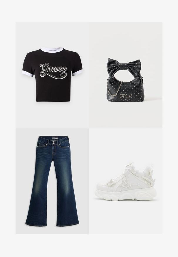 Schwarzes Crop-Top aus Baumwolle mit weißen Akzenten am Kragen und an den Ärmeln. Auf der Vorderseite befindet sich ein großes weißes "Guess"-Logo.; Dunkelblaue Jeans im Super-Low-Flare-Schnitt mit Front- und Gesäßtaschen, doppeltem Knopfverschluss und verwaschenen Details an Oberschenkeln und Knien.; Weißer klobiger Sneaker mit dicker Sohle und dekorativen 3D-Schmetterlingsakzenten an der Seite, den Schnürsenkeln und der Ferse.; Schwarze genietete Handtasche mit großem Schleifengriff, silberner Kettendetail und "Karl"-Signatur auf der Vorderseite vor einfarbigem Hintergrund.