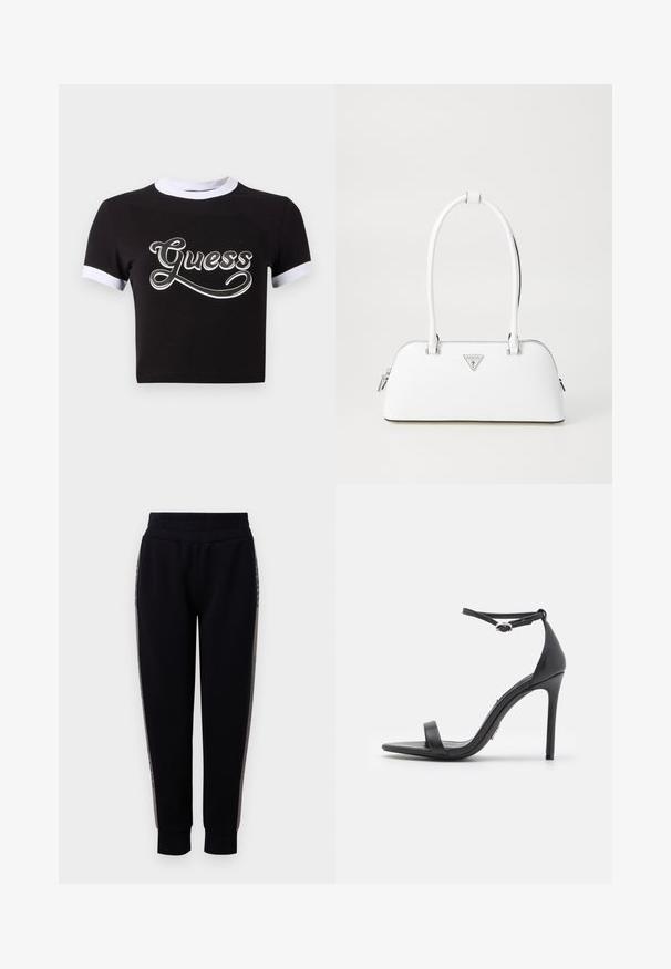 Zwart crop top van katoen met witte accenten op de kraag en mouwen. Heeft een groot wit "Guess" logo op de voorkant.; Zwarte joggingbroek met een elastische tailleband, taps toelopende benen en zijnaad met een metallic accent. Gladde stof met een zachte textuur.; Zwarte hoge hakken sandalen met een open teen, dunne banden en een enkelsluiting. Gladde leren textuur met een puntige neus.; Witte leren handtas met een gebogen vorm, voorzien van een zilveren driehoekig logo en ritssluiting. Gladde textuur en dubbele handvaten.