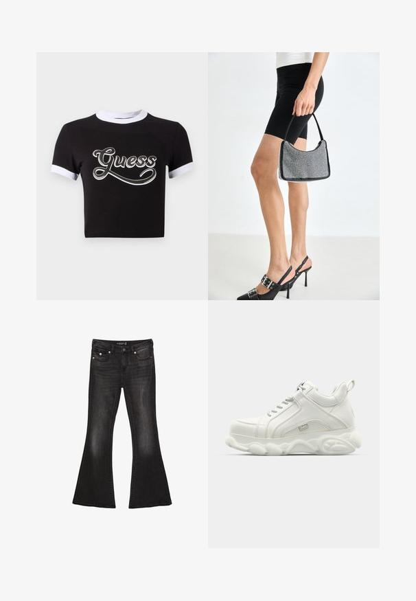 Sort crop top lavet af bomuld med hvide detaljer på krave og ærmer. Har et stort hvidt "Guess" logo på forsiden.; Sorte denim flare jeans med mid-waist, der har fem lommer, kontrasterende syninger og hardware i sølvfarve.; Hvide atletiske sneakers med en glat læderoverdel, rund sål og tekstureret accent. Har snørebånd og en slippe-strop bagpå.; Sort perlehandtaske med en buet silhuet, bærehåndtag og blank overflade. Båret med højhælede sorte sko og tætsiddende sorte shorts.