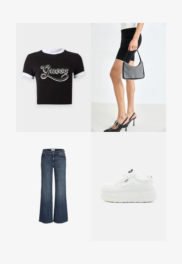 Zwart crop top van katoen met witte accenten op de kraag en mouwen. Heeft een groot wit "Guess" logo op de voorkant.; Donkerblauwe jeans met wijde pijpen, voorzakken, riemlussen, knoop- en ritssluiting, afgebeeld op een witte achtergrond.; Witte platform sneakers met een glad synthetisch buitenkant, ronde neus, gewatteerde kraag en textuurzool. Bevat een contrasterend logo label.; Zwarte beaded handtas met een gebogen silhouet, draaghandvat en glanzende textuur. Draagt bij hoge zwarte hakken en strakke zwarte shorts.
