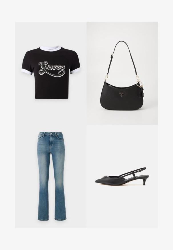 Sort crop top lavet af bomuld med hvide detaljer på krave og ærmer. Har et stort hvidt "Guess" logo på forsiden.; Lys blå denim flared jeans med fem lommer, høj talje og sy detaljer. Stoffet viser en let falmet vask og en glat tekstur.; Sorte slingback-sko med spids tå, lavet af glat materiale, med en lille hæl og en dekorativ sølvaccent på vamps.; Sort syntetisk håndtaske med en buet form, guldfarvet hardware og et trekantet logo. Har lynlås lukning og en justerbar rem.