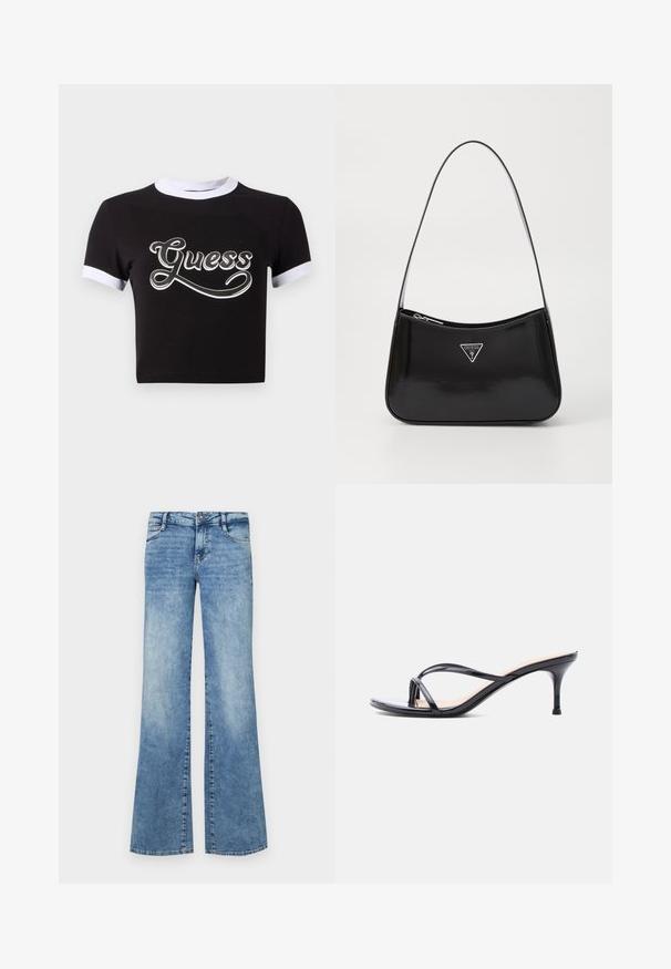Sort crop top lavet af bomuld med hvide detaljer på krave og ærmer. Har et stort hvidt "Guess" logo på forsiden.; Lyseblå flagrende jeans lavet af denim. Har en knaplukning, fem lommer og afslidt detaljer for et brugt udseende.; Sort laklædersandal med hæl, tynde krydsede remme og en slank mellemhøj stilethæl på en hvid baggrund.; Sort patenteret læder skuldertaske med en buet form, prydet med et sølvfarvet trekantet logo og en lynlås-lukning. Glat tekstur og slank rem.
