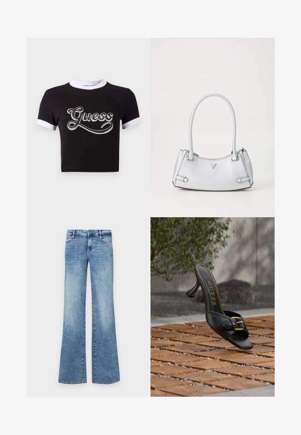 Zwart crop top van katoen met witte accenten op de kraag en mouwen. Heeft een groot wit "Guess" logo op de voorkant.; Lichtblauwe uitlopende jeans van denim. Voorzien van een knoopsluiting, vijf zakken en vervaagde details voor een versleten uitstraling.; Zwarte mule met hoge hak, gouden gesp en "GUESS"-logo aan de binnenkant, geplaatst op een gestructureerde buiten tegelvloer met een wazige groene achtergrond.; Zilveren handtas met een gestructureerd ontwerp, voorzien van twee handvatten, een glanzende textuur, opvallende hardware en een driehoekig logo aan de voorkant.