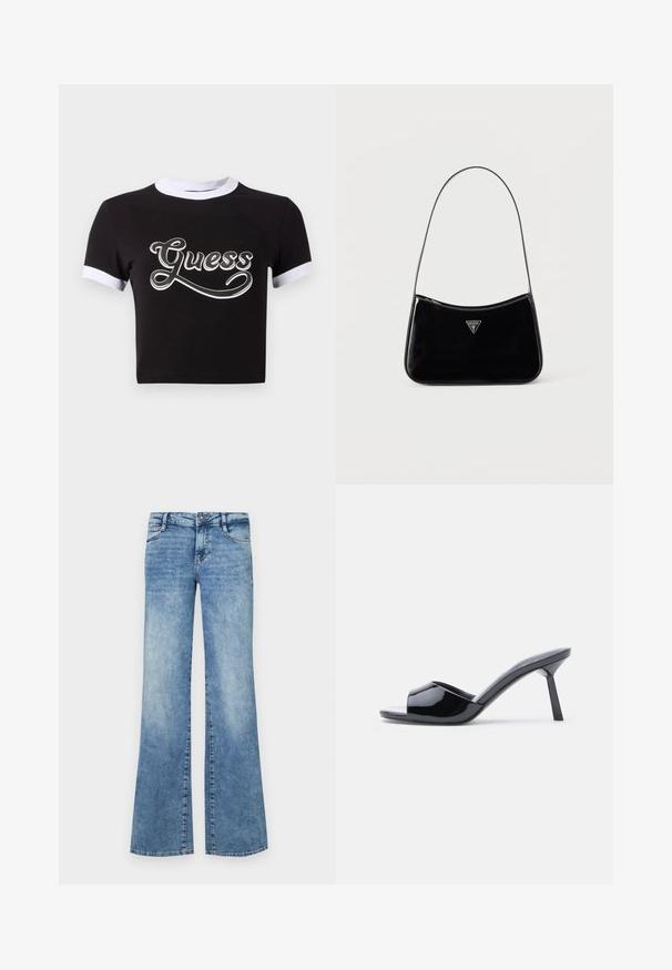 Zwart crop top van katoen met witte accenten op de kraag en mouwen. Heeft een groot wit "Guess" logo op de voorkant.; Lichtblauwe uitlopende jeans van denim. Voorzien van een knoopsluiting, vijf zakken en vervaagde details voor een versleten uitstraling.; Zwarte lakleren open-teen sandalen met hak, met een gebogen bovenkant ontwerp en een taps toelopende naaldhak. Gladde glanzende afwerking.; Zwarte schoudertas van lakleer met een smalle band, driehoekig Guess-logo aan de voorkant en een ritssluiting bovenaan.