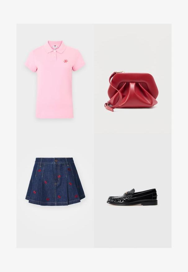 Polo de manga corta de color rosa claro con dos botones blancos y pequeñas iniciales rojas bordadas en el pecho izquierdo.; Falda de mezclilla con pliegues y un lavado oscuro, con detalles de mariposas bordadas en rojo y un clásico diseño de cinco bolsillos con cierre de botón frontal.; Mocasines de cuero negro con puntera redondeada, costuras decorativas y un pequeño acento dorado en el empeine. Suela plana de goma, diseño elegante.; Bolso de mano de cuero rojo con estructura rígida y diseño fruncido, con una correa de muñeca desmontable y cierre de tono dorado.