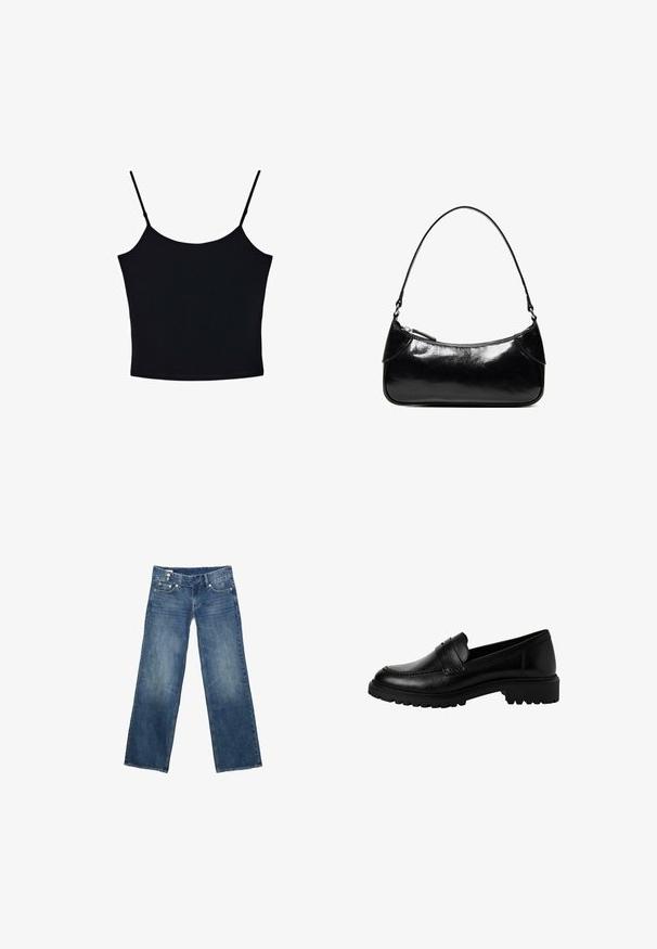 Stradivarius TOP - Top - black; Blauwe spijkerbroek met brede rechte pijpen, voorzakken en knoopsluiting, plat gelegd op een witte achtergrond.; Zwarte leren instappers met een ronde neus, decoratieve bovenband en een dikke, gestructureerde rubberen zool. Gladde afwerking met subtiele stikdetails.; Zwarte glanzende leren schoudertas met één ritssluitingvak en een dunne band die in een boogvorm is gebogen.