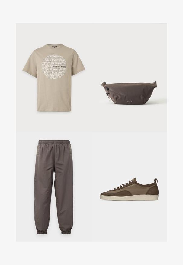 T-shirt beige manches courtes avec un motif circulaire de texte répété "MICHAEL KORS" en blanc sur le devant.; Pantalons gris foncé à taille élastique avec une coupe décontractée. Présentent des poignets froncés et une broderie subtile sur les côtés. Tissu léger.; Baskets basses marron à profil bas avec lacets blancs, semelle beige, dessus en tissu et daim, languette latérale et logo "Tiger of Sweden" en texte doré.; Sac banane en tissu marron foncé avec poche zippée en diagonale et petit logo blanc sur le devant, sur un fond clair uni.