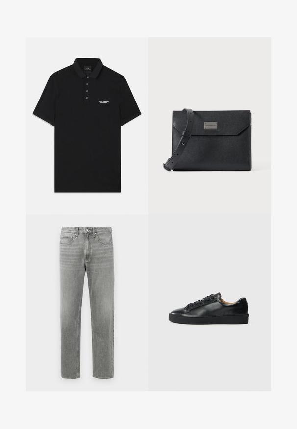 Polo noir en coton, avec un col standard, une patte de boutonnage à trois boutons et un petit logo blanc "Armani Exchange" sur le côté gauche.; Jean en denim gris à coupe droite, avec un design classique à cinq poches et un léger dégradé pour la texture. Fermeture éclair standard.; Baskets en cuir noir avec une texture lisse, bout rond et fermeture à lacets. Comprend une semelle en caoutchouc épaisse et un minimum de détails de marque.; Sac bandoulière en cuir noir texturé avec sangle réglable et plaque logo métallique à l'avant, fermeture à rabat rectangulaire de style enveloppe.