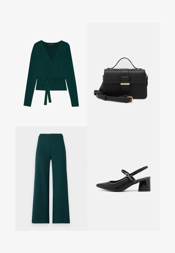 Blusa de color verde oscuro con mangas largas, con un escote en V y cinturón ajustable en la cintura para un ajuste ceñido. Textura suave.; Pantalones de pierna amplia en tela de color verde oscuro. Presentan una cintura alta, pliegues frontales y trabillas para el cinturón. Textura suave y diseño a medida.; Tacones slingback de charol negro con punta afilada, un diseño de corte redondeado y tacón bloque. Incluye un detalle de hebilla en tono dorado.; Bolso de mano de cuero negro con acentos metálicos dorados, forma rectangular, cierre con solapa, correa de hombro ajustable, textura suave, diseño minimalista.