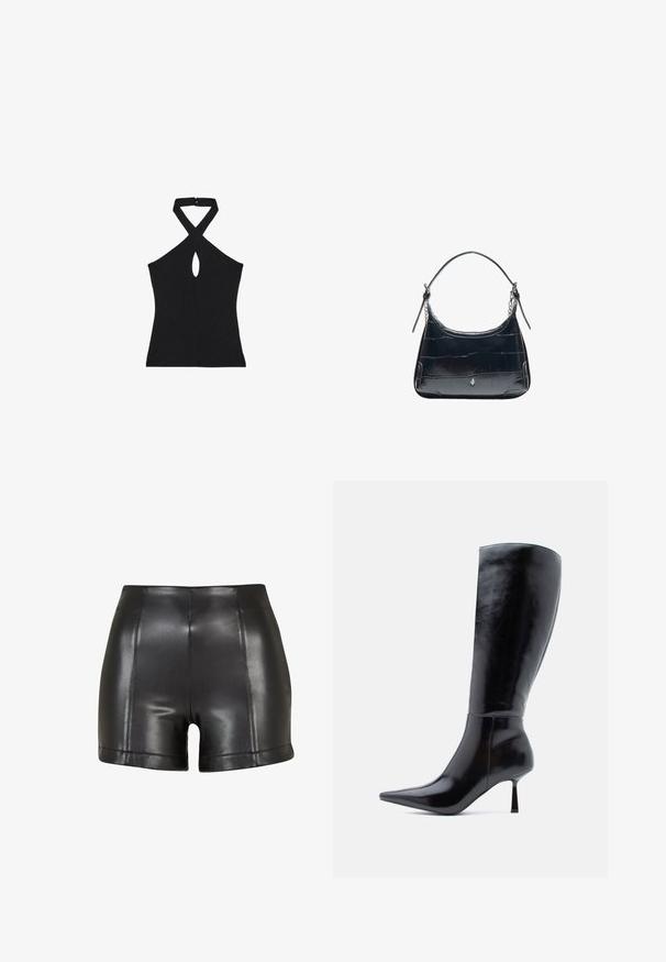 Haut noir sans manches à col halter avec bretelles croisées et petite ouverture en forme de trou de serrure au centre devant.; Shorts en simili cuir noir avec une taille haute, une texture lisse et des coutures visibles sur le devant et l'ourlet.; Bottes noires à talons aiguilles montantes, avec une finition en cuir brillant, un bout pointu et un talon effilé, présentant une surface lisse et un design élégant.; Sac à bandoulière en cuir noir avec texture crocodile et fermoir argenté, avec une sangle réglable ornée de détails en chaîne sur fond blanc.