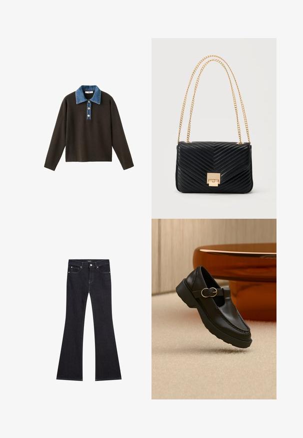 Brun langærmet pullover med en blå denimkrave og tre knapper foran; har en glat tekstur og en afslappet pasform.; Sorte flared jeans lavet af denim, med fem lommer, kontraststikninger og en knap- og lynlås-lukning foran.; Sort læderloafer med en guldbeslået rem, tyk sål, vist svævende over beige tæppe med et brunt træbord i baggrunden.; Sort quiltet læder skuldertaske med chevronmønster, guldtonet kæderem og firkantet guldlås på forflappen.