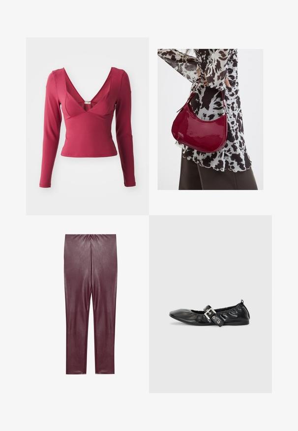 Langärmliges Oberteil in tiefem Burgunderrot, mit tiefem V-Ausschnitt, figurbetontem Schnitt, glatter Textur und minimalen Näherungsdetails.; Burgunderfarbene Leggings aus Kunstleder mit glatter Textur, hoher Taille und enganliegendem Design, das bis zu den Knöcheln reicht, ohne zusätzliche Details.; Schwarze Leder-Ballerinas mit spitzem Zehenbereich, gerafften Details am Schaft und einem silbernen Schnallenakzent am verstellbaren Riemen.; Frau trägt eine schwarz-weiß gemusterte Bluse und hält eine glänzende rote Schultertasche vor einem einfarbigen Hintergrund.