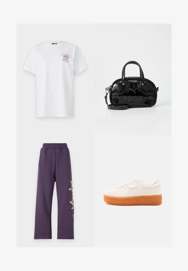 Witte katoenen t-shirt met een ronde hals, korte mouwen en een gedrukt ontwerp op de linkerborst met roze en grijze accenten.; Paarse joggingbroek met een elastische tailleband, zijzakken en een gouden grafisch ontwerp op het linkerpoot. Zacht materiaal met een losse pasvorm.; Witte lage sneaker met veters en klittenbandsluiting, voorzien van een dikke lichtbruine zool en subtiele zijstiksels.; Zwarte lakleren handtas met dubbele handvatten aan de bovenkant, afneembare schouderriem, ronde vorm en opvallend gegraveerd "PUMA" logo.
