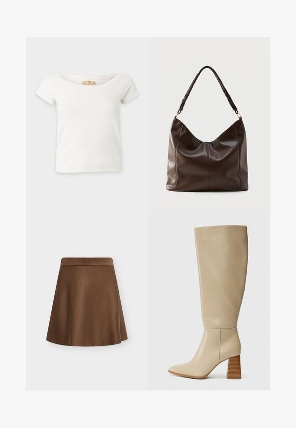 Crop top blanc à manches courtes avec encolure large et étiquette de marque Hollister visible à l'intérieur du col, posé à plat sur un fond uni.; Jupe trapèze marron avec une large ceinture, en tissu texturé, présentée sur un fond clair uni.; Botte en cuir beige haute jusqu'au genou avec un bout pointu, un talon bloc texturé et une surface lisse. Détail de couture à la cheville et en haut de la tige.; Sac à bandoulière en cuir brun foncé avec une poignée tressée et des coutures apparentes sur le devant.