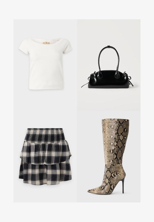 Witte cropped top met korte mouwen en brede halslijn, met zichtbaar Hollister-merkje aan de binnenkant van de kraag, plat neergelegd op een effen achtergrond.; Zwart-wit geruite tiered rok met smock tailleband. Heeft gerimpelde lagen en een zachte katoentextuur.; Kniehoge stiletto laars met spitse neus en een beige-zwarte slangenleren patroon, weergegeven vanaf de zijkant op een effen achtergrond.; Kleine zwarte glanzende handtas met twee lange hengsels en zijkant trekkoord details op een effen lichte achtergrond.