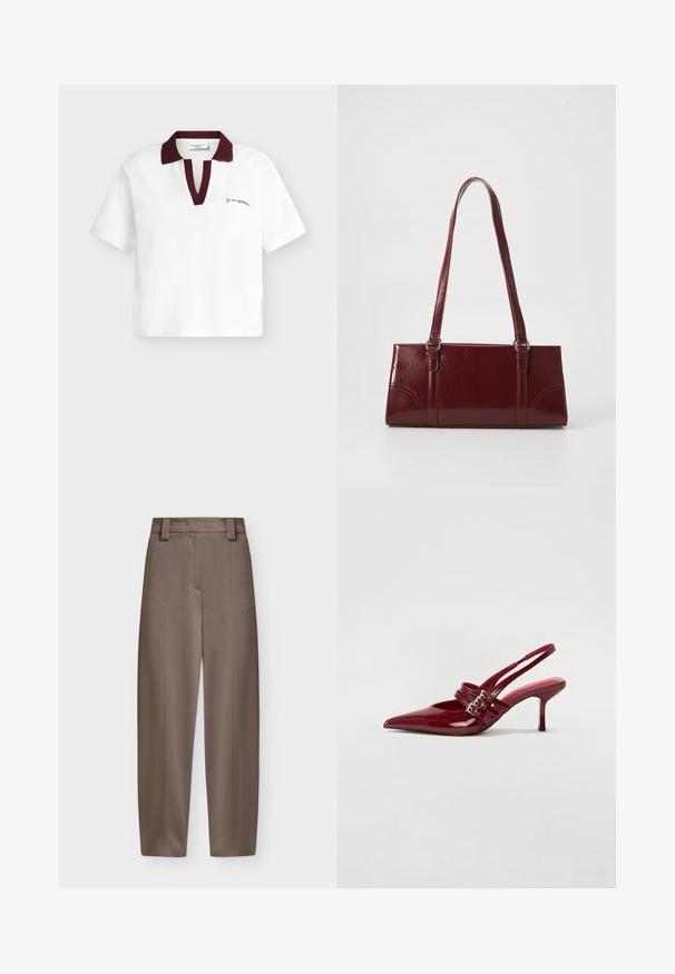 Polo blanc à manches courtes avec col et patte en rouge foncé, petit logo script noir sur la poitrine gauche et étiquette sur la couture latérale.; Pantalon marron taille haute à jambes droites avec passants pour ceinture et plis marqués nets à l'avant et à l'arrière.; Escarpins slingback en cuir verni rouge avec un bout pointu, deux brides à boucle et un talon aiguette slim de hauteur intermédiaire. Texture lisse.; Sac à main bordeaux en matériau brillant, de forme rectangulaire, avec deux anses et des accents légèrement courbés à l'avant.
