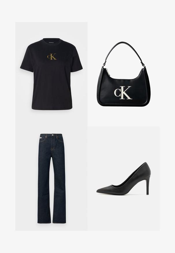 Zwart T-shirt met korte mouwen en een gouden glinsterend "cK"-logo in het midden van de borst, ronde hals en "Calvin Klein Jeans"-label aan de binnenkant van de kraag.; Donkerblauwe spijkerbroek met rechte pijpen, voorzien van oranje stiksels, een knoopsluiting aan de voorkant en een klein label op de tailleband.; Zwarte hoge hakpumps met een spitse neus, gemaakt van glad leer, met een slank ontwerp en een dunne, cilindrische hak.; Zwarte leren schoudertas met zilveren ritssluiting en wit "cK"-logo gecentreerd aan de voorkant.