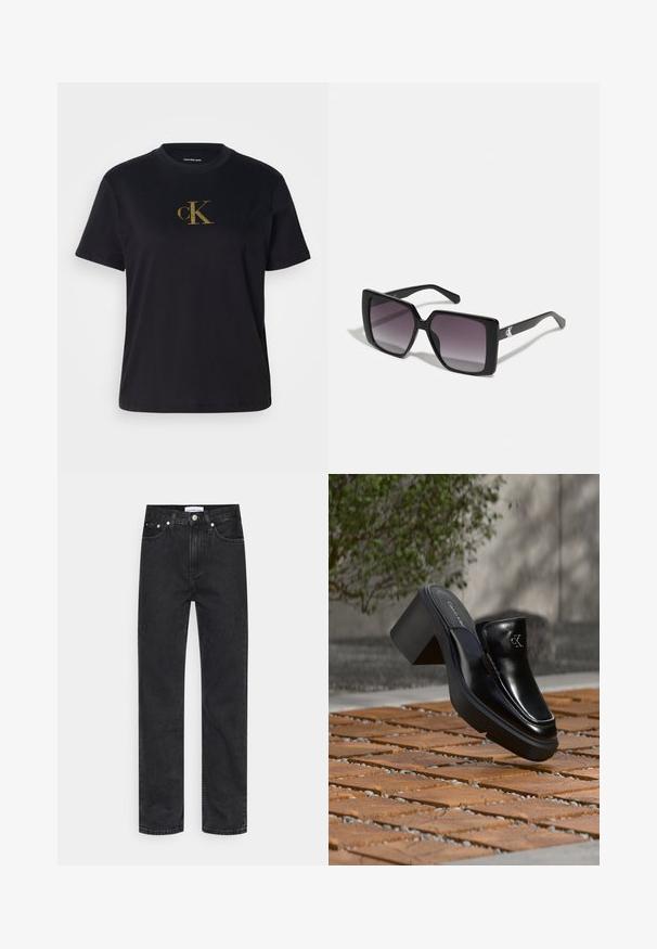 Zwart T-shirt met korte mouwen en een gouden glinsterend "cK"-logo in het midden van de borst, ronde hals en "Calvin Klein Jeans"-label aan de binnenkant van de kraag.; Zwarte denim jeans met een rechte pijp, voorzien van een knoopsluiting, vijf zakken en een minimalistisch stiksel. Gemaakt van een katoenrijke stof.; Zwarte leren Calvin Klein slip-on mule met blokhak rustend op houten tegels buiten, vlak bij een groene plant en een grijze muur.; Zwarte vierkante zonnebrillen met gradiënt grijze lenzen. Glanzende monturen met strakke lijnen. Zilveren logo-accent op de veren.
