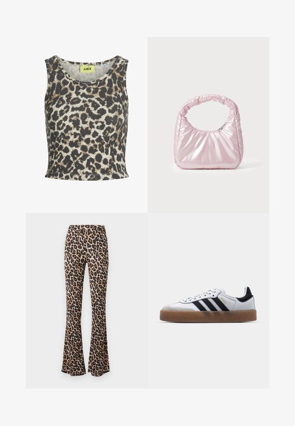 Top sin mangas de tela acanalada con estampado de leopardo, que presenta un escote redondo. La paleta de colores incluye beige, marrón y negro.; Pantalones acampanados de estampado de leopardo en tono marrón y negro, hechos de una tela suave con una textura lisa, con una cintura ajustada y un dobladillo acampanado.; Zapatillas de cuero blancas con rayas negras, suela de goma, puntera redonda, cierre de cordones y caperuza de ante gris suave.; Bolso de mano acolchado en color rosa con un diseño redondeado, fabricado en material brillante. Presenta un asa fruncida y un cierre de cremallera para un acceso seguro.