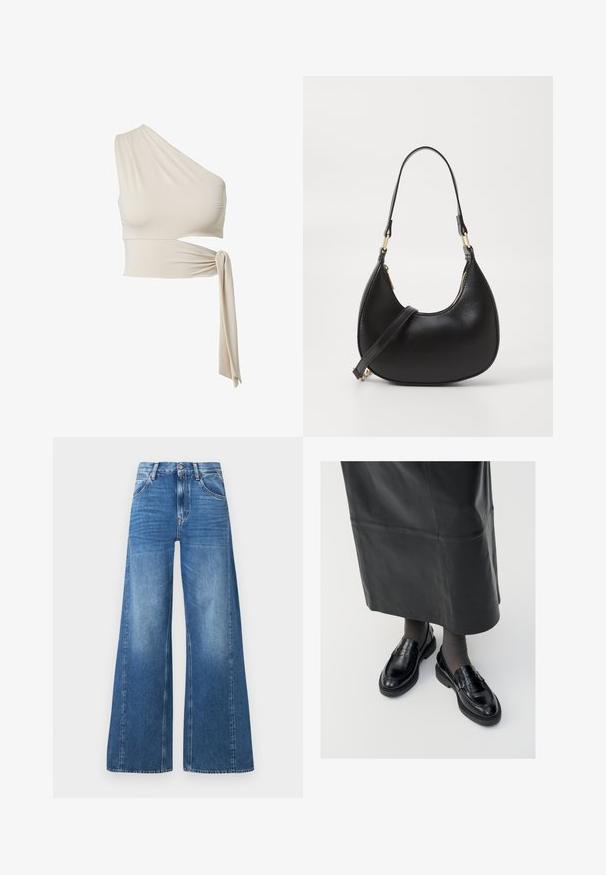 Asymmetrisk top med én skulder i lys beige stof, har en sideskæring og en knyttet detalje i taljen for en tætsiddende silhuet.; Bredde ben blå denim jeans med høj talje, der har forlommer og et falmet udseende, lavet af bomuld med en glat tekstur.; Sorte læder loafers med en glat finish, prydet med en dekorativ rem, rund tå og tekstureret sål. Båret med en lang sort læderskirt.; Sort læder håndtaske med en buet form, udstyret med en top-lynlås, et kort håndtag og en aftagelig crossbody-strop. Gyldne hardware-accenter.