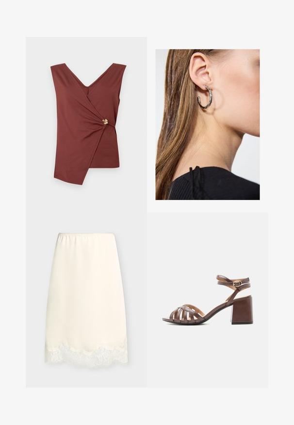 Top sans manches marron avec un ourlet asymétrique et un fermoir décoratif en or sur le côté.; Demi-jupon couleur crème avec taille élastique et bordure en dentelle le long de l'ourlet, présenté sur un fond clair uni.; Sandale en cuir marron pour femme avec plusieurs brides à l'avant, bride à boucle à la cheville et talon bloc sur fond blanc.; Boucle d'oreille en argent avec une finition polie, présentant de petits détails en or et de forme ronde, portée sur le lobe.