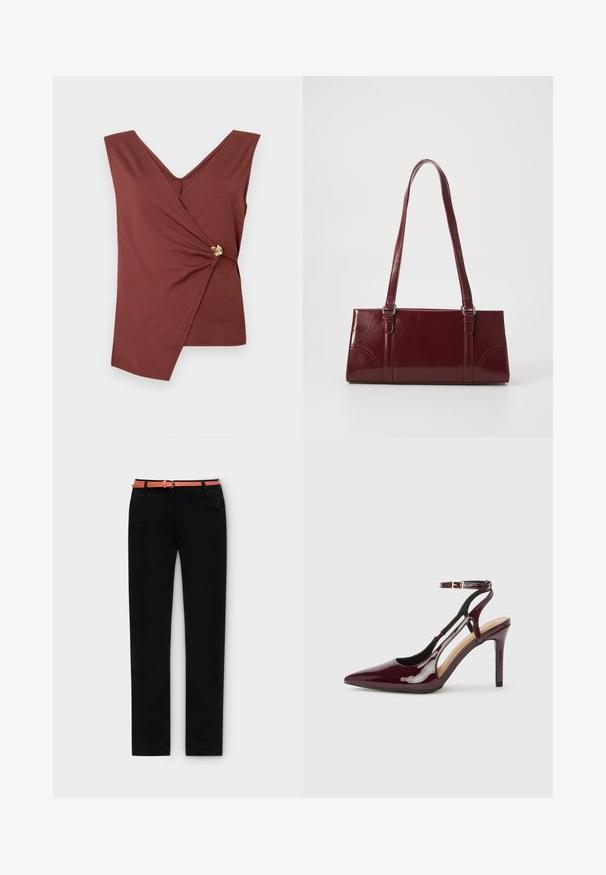 Top sans manches marron avec un ourlet asymétrique et un fermoir décoratif en or sur le côté.; Pantalon noir à jambe droite avec une coupe slim, associé à une fine ceinture corail passée dans les passants.; Chaussure à talon haut en cuir verni bordeaux avec bout pointu, sangle de cheville et découpes sur les côtés. Fini élégant et brillant.; Sac à main bordeaux en matériau brillant, de forme rectangulaire, avec deux anses et des accents légèrement courbés à l'avant.
