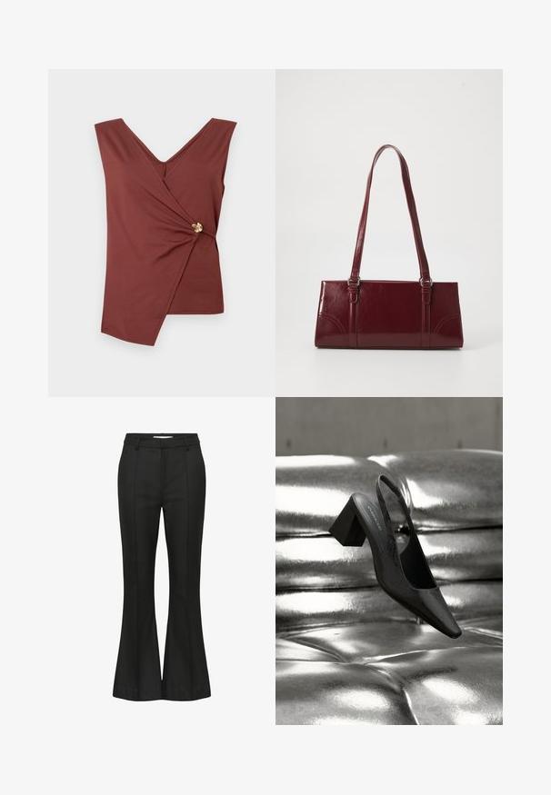 Top sans manches marron avec un ourlet asymétrique et un fermoir décoratif en or sur le côté.; Pantalon noir évasé en tissu lisse, doté d'une ceinture ajustée et de coutures verticales pour un détail de design supplémentaire.; Escarpin noir à bride arrière avec bout pointu, présentant une surface texturée et un talon bloc épais. Posé sur un fond métallique brillant.; Sac à main bordeaux en matériau brillant, de forme rectangulaire, avec deux anses et des accents légèrement courbés à l'avant.