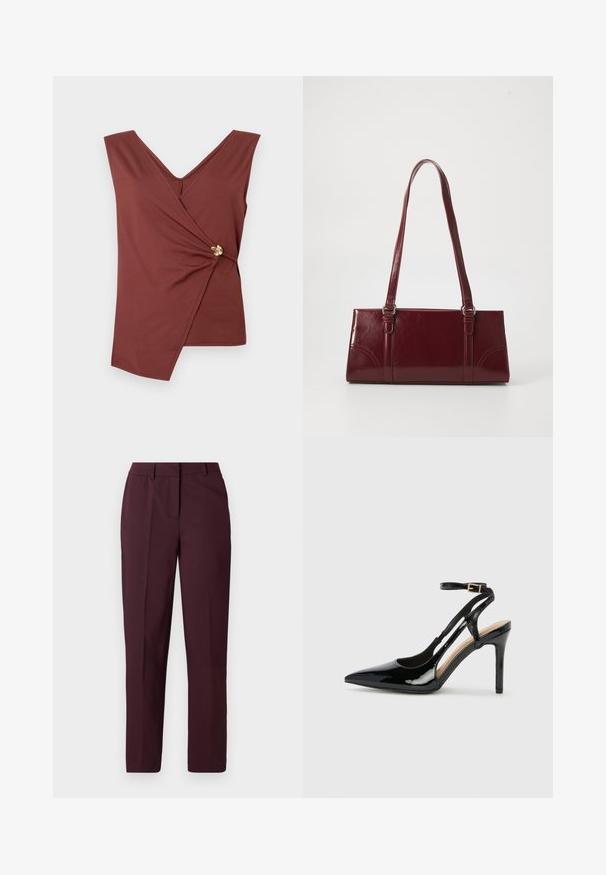Top sans manches marron avec un ourlet asymétrique et un fermoir décoratif en or sur le côté.; Pantalon droit bordeaux avec une texture lisse, présentant un devant plat et sans poches visibles. Coupe ajustée avec une coupe classique.; Escarpin en cuir verni noir à talon haut, avec un bout pointu, une bride réglable à la cheville et des côtés ouverts. Texture lisse.; Sac à main bordeaux en matériau brillant, de forme rectangulaire, avec deux anses et des accents légèrement courbés à l'avant.