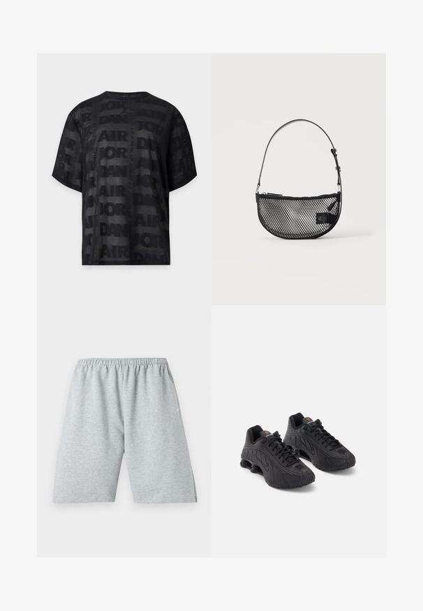 Camiseta negra de malla de manga corta con patrón repetitivo de texto "Air Jordan" y un pequeño logo Jordan Jumpman en el centro del escote delantero.; Pantalones cortos deportivos hasta la rodilla de color gris claro con cintura elástica y pequeño logo blanco en la pierna izquierda.; Zapatillas deportivas negras con una parte superior sintética lisa, acentos texturizados, diseño de cordones y amortiguación de resorte visible en el talón.; Bolso de malla negra en forma de media luna con una correa corta ajustable de cuero y cierre de cremallera sobre un fondo claro y liso.