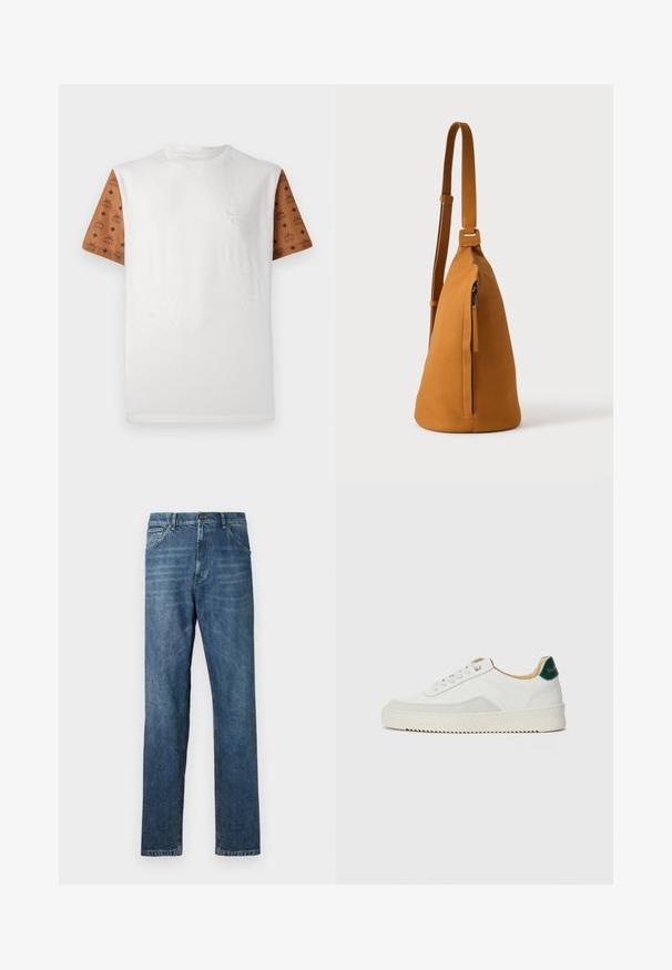 T-shirt à manches courtes avec un corps blanc et des manches marron à motif présentant un design répétitif en noir. Logo détaillé sur la poitrine.; Jeans en denim bleu foncé, design à jambe droite, style à cinq poches, couture visible et fermeture à bouton classique. Effet de délavage léger sur le tissu.; Baskets blanches avec des accents en daim, bout arrondi, lacets plats et semelle en caoutchouc crème. Présente une marque verte sur le talon.; Sac besace en cuir couleur fauve avec sangle réglable et poche verticale zippée, présenté de profil sur un fond clair uni.
