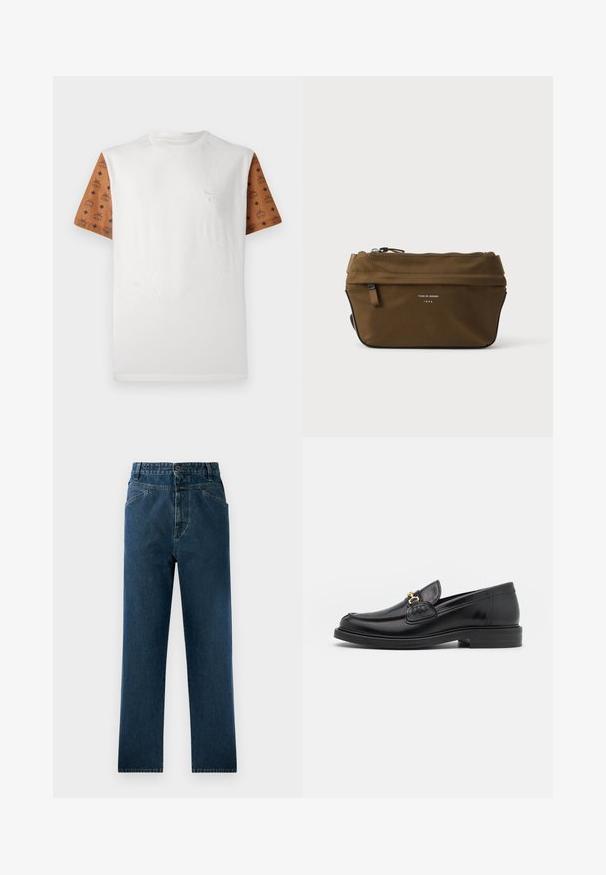 Kurzarm-T-Shirt mit einem weißen Körper und gemusterten braunen Ärmeln, die ein sich wiederholendes Design in Schwarz aufweisen. Detailliertes Logo auf der Brust.; Dunkelblaue Denim-Jeans mit geradem Bein und hoher Taille, mit Fronttaschen und Knopfverschluss. Texturiert mit subtilen Auswaschungen.; Schwarze Lederleter mit einer abgerundeten Zehenpartie, ausgestattet mit goldenen Hardwareakzenten und Stichdetails, auf einer niedrigen, strukturierten Gummisohle.; Braune rechteckige Reißverschlusstasche mit kleinem Frontfach und dem Text "Tiger of Sweden 1903" vorne.