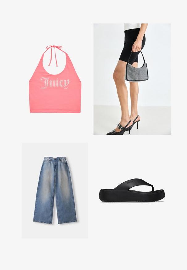 Roze haltertop met strik in de nek en strassletters die "Juicy" aan de voorkant spellen.; Lichtblauwe wijde jeans met vervaagde voorkant, vijf-zakkenmodel, knoop- en ritsluiting, plat gelegd op een witte achtergrond.; Zwarte flip-flop sandaal met een verhoogde zool, gemaakt van rubbermateriaal. Kenmerkt zich door een teenband en een gestructureerde voetbed voor grip.; Zwarte beaded handtas met een gebogen silhouet, draaghandvat en glanzende textuur. Draagt bij hoge zwarte hakken en strakke zwarte shorts.
