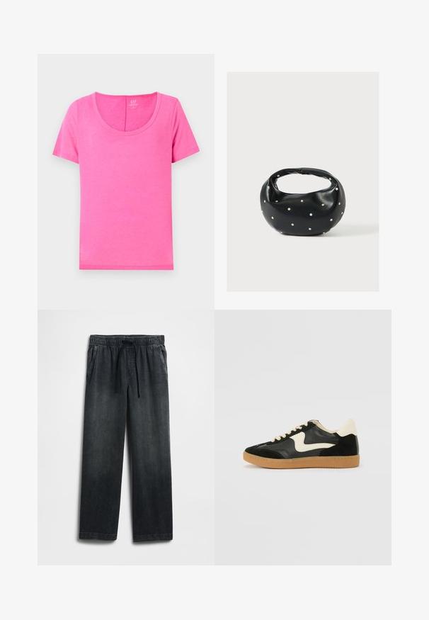 Lyserød bomulds T-shirt med rund hals og korte ærmer. Har en glat overflade og lige snit, velegnet til afslappet brug.; Sorte denimbukser med elastisk talje og snøre, vid pasform og diskret falmet look. To sidelommer inkluderet.; Sorte ruskinds- og lædersneakers med en cremefarvet side-swoosh og lys cremefarvet hæl. Har beige snørebånd og en gummirubber-sål.; Sort læderhåndtaske med en rundet form, dekoreret med sølvnitter, og et kort håndtag. Glat tekstur og lynlåslukning.