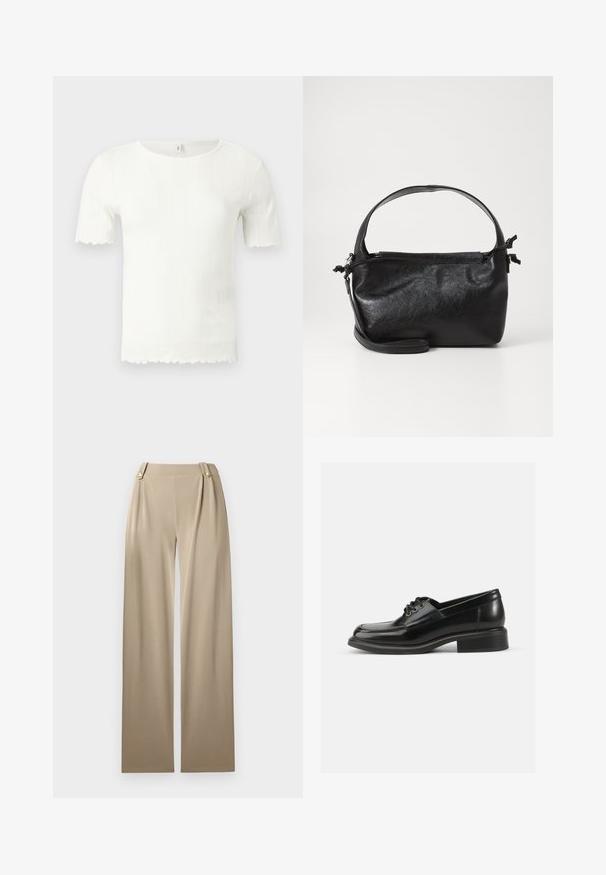 Haut blanc à manches courtes en tricot côtelé avec bords festonnés aux manches et à l'ourlet, doté d'un col rond.; Pantalons large en beige avec une texture lisse, présentant deux boutons décoratifs à la taille et des plis subtils pour plus de détails.; Chaussure habillée en cuir noir avec une texture lisse, bout rond, laçage à deux œillets et un talon carré solide. Design simple sans motifs.; Sac à main en cuir noir au design structuré, avec une poignée arrondie et une bandoulière amovible. Présente une texture lisse et un éclat subtil.