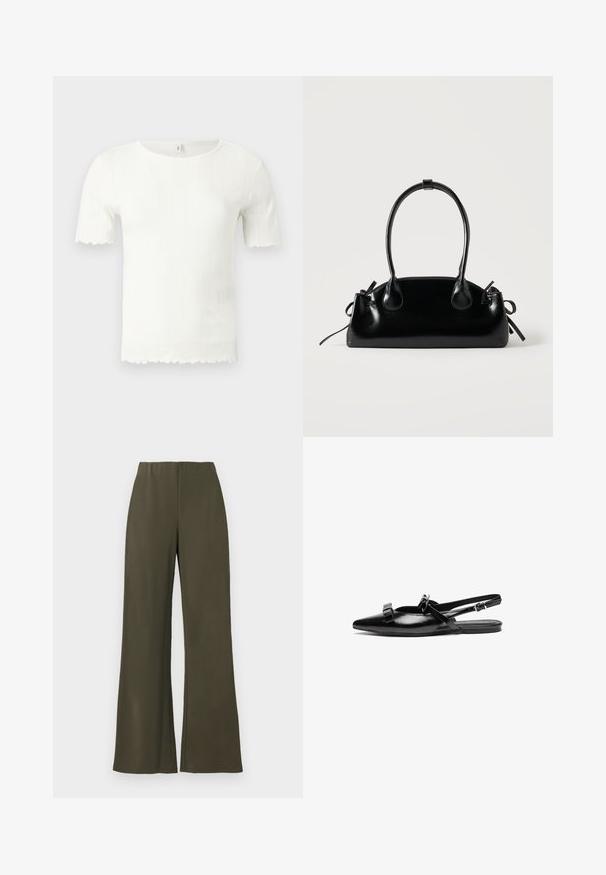 Hvid kortærmet ribstrikket top med bølgekant på ærmer og kant, med rund halsudskæring.; Olivenfarvede brede bukser med elastisk talje, glat stof og ingen lommer, med et rent, minimalistisk design.; Sort læderslingback flad sko med spids tå, prydet med volangdetaljer på bæltet og justerbar ankelrem. Glat overfladetextur.; Lille sort blank håndtaske med to lange håndtag og snøre-detaljer i siden på en ensfarvet lys baggrund.