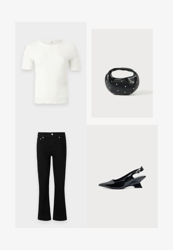 Haut blanc à manches courtes en tricot côtelé avec bords festonnés aux manches et à l'ourlet, doté d'un col rond.; Jean en denim noir évasés avec une taille ajustée, design à cinq poches et accents en métal argenté, présentant une texture lisse et une longueur standard.; Chaussure slingback en cuir verni noir avec bout pointu et petit talon bloc incliné sur fond clair uni.; Sac à main en cuir noir de forme arrondie, décoré de clous argentés et équipé d'une poignée courte. Texture lisse et fermeture éclair.