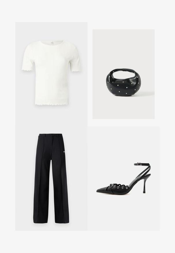 Top blanco de punto acanalado de manga corta con bordes festoneados en las mangas y el dobladillo, con escote redondo.; Pantalones de pierna ancha de color negro, confeccionados con una tela suave, que presentan pliegues y un pequeño detalle de logo. Diseñados con una cintura de altura media.; Zapato de tacón alto negro con punta fina, bordes ondulados, ojales metálicos, cordones delanteros y una correa en el tobillo con cierre de hebilla.; Bolso de mano de cuero negro con forma redondeada, decorado con detalles de tachuelas plateadas y un asa corta. Textura lisa y cierre con cremallera.